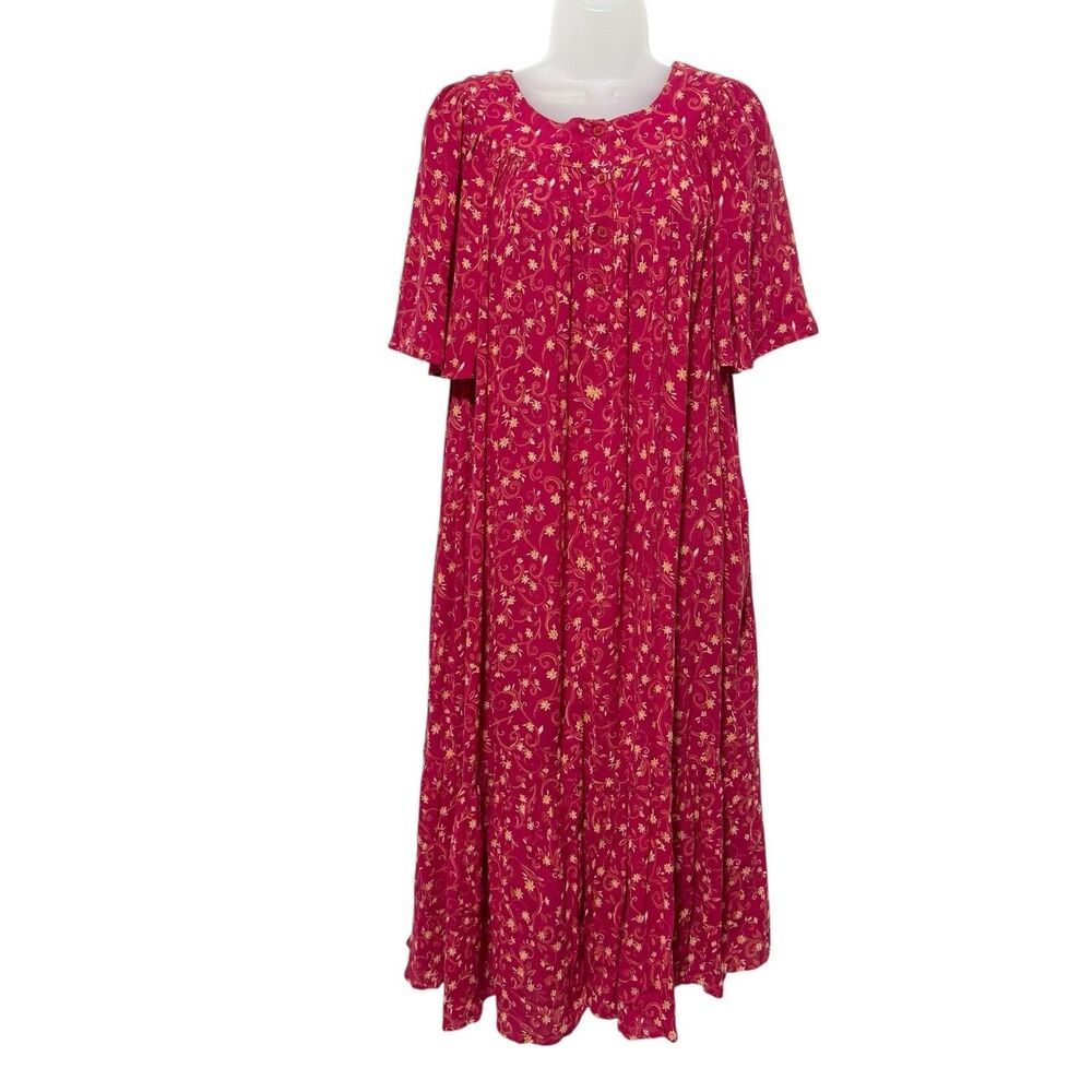 Bechamel Midi Dress Womens Small Red Floral House Dress Muumuu Rayon Pockets